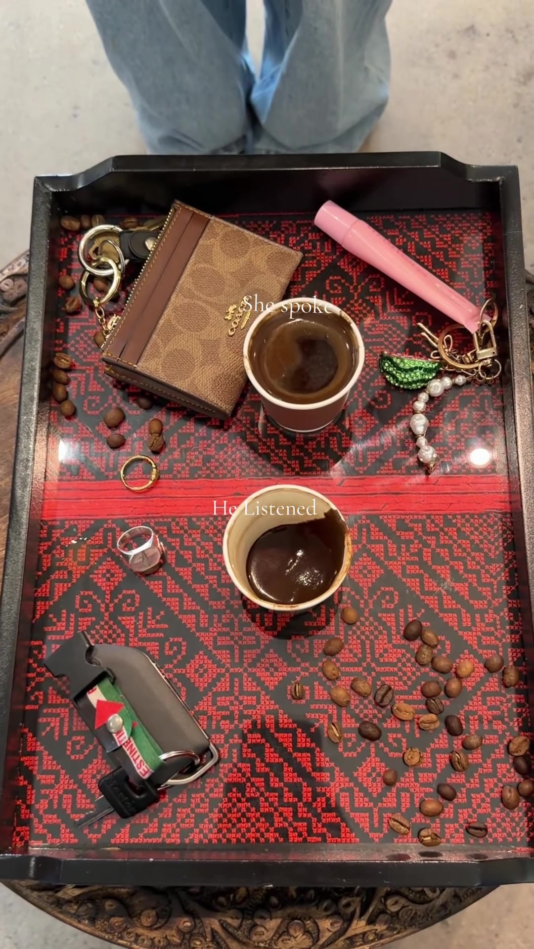 Coffee for two on a Palestinian-patterned tray table at Sahara