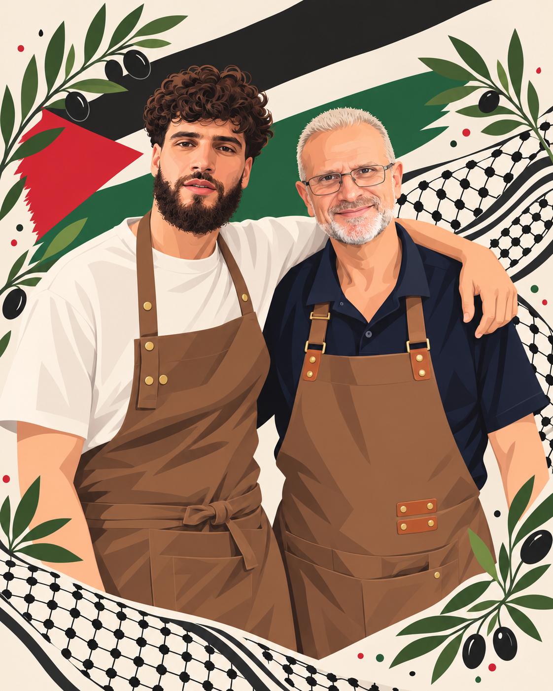 Illustration of two coffee makers in aprons, surrounded by olive branches and Palestinian motifs