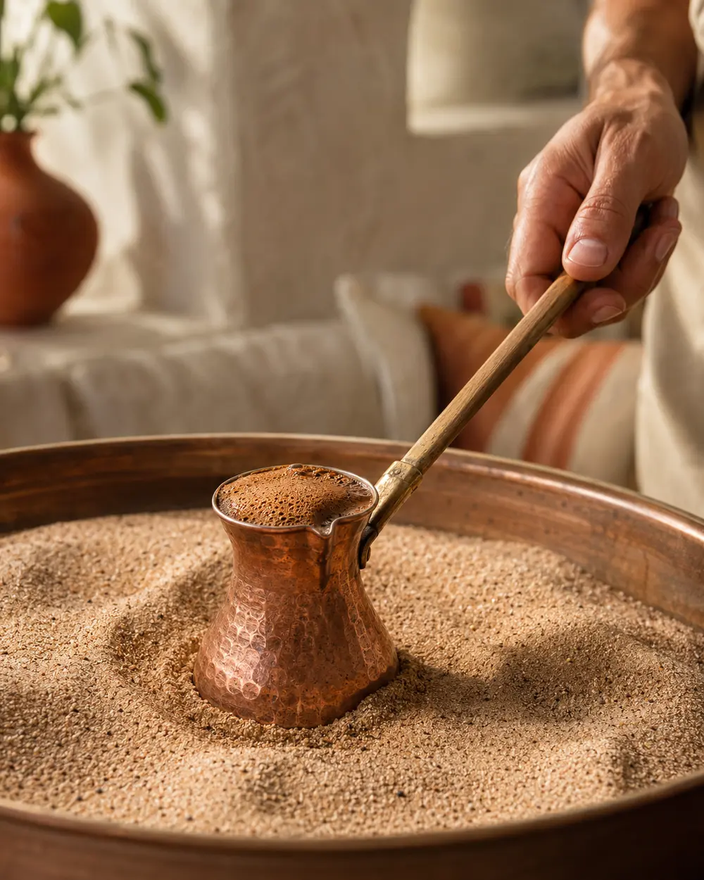 Illustration of Turkish coffee brewing in hot sand